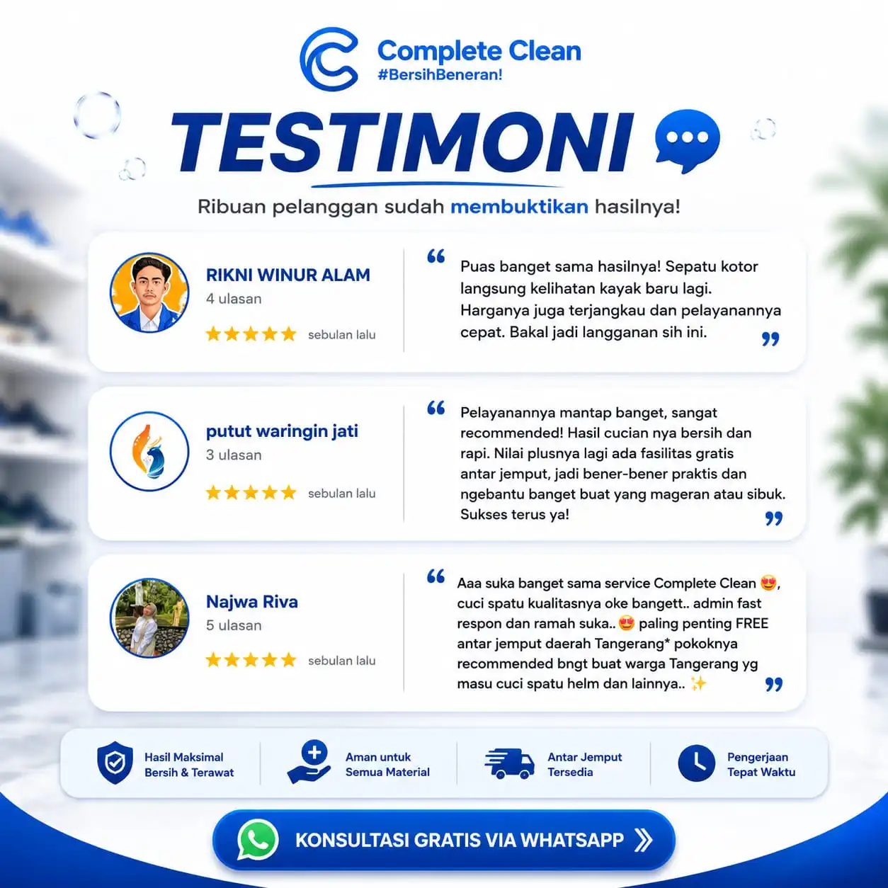 Testimoni customer Complete Clean Ciledug — jasa cuci sepatu terdekat