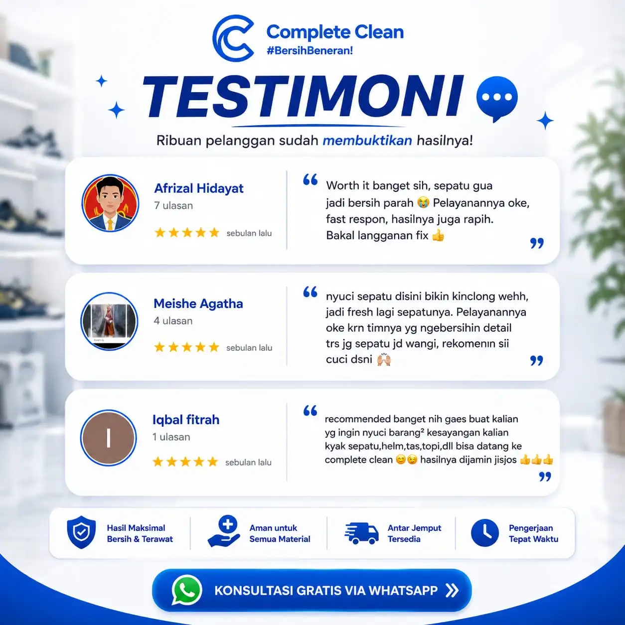 Testimoni customer Complete Clean — laundry sepatu terdekat dari lokasi saya