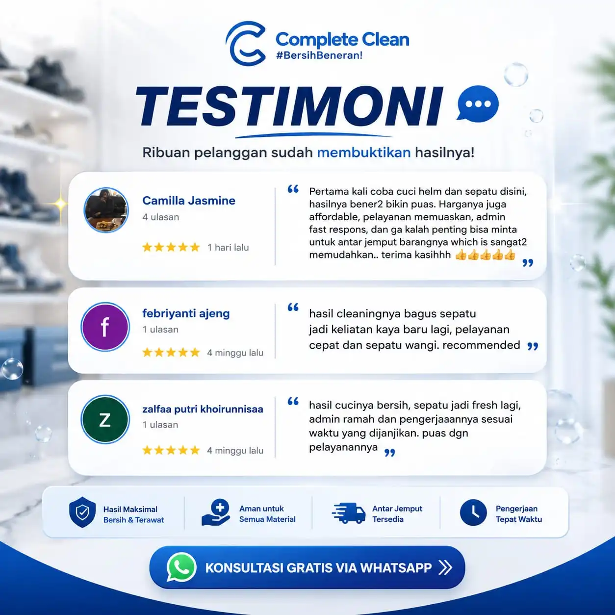 Testimoni customer Complete Clean — tempat cuci sepatu Ciledug